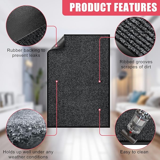 Kuyal Front Door Mat, 4'x8' Indoor Outdoor Entrance Mat, Commercial Floor Mats Inside Outside Entrance, Heavy Duty Durable Welcome, Rubber Backing Non Slip Outdoor Mats for Entryway,Black