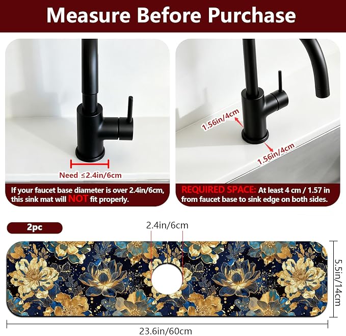 2 Pcs Blue Gold Foil Flower Kitchen Sink Splash Guard Faucet Mat Psychedelic - Image 2