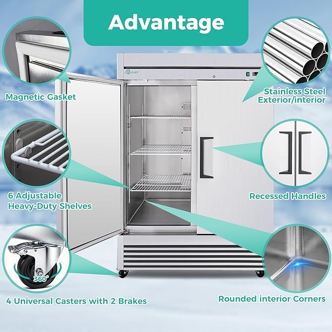 COOLCHEF 54" Commercial Refrigerator 49 Cu.Ft, Stainless Steel 2 Door Reach-in Fridge, 33–40℉, Air Cooling, LED Light, 6 Shelves, R290, ETL