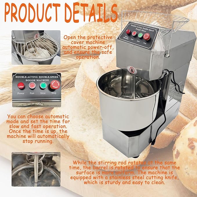 Commercial Dough Mixer 30QT, 1500W 110V Dual Speed Dual Action, Stainless Steel Spiral Stand Mixer for Pizza Dough, Bakeries, Restaurants & Schools