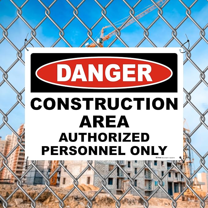 Brimar 14"x10" Danger Construction Area Safety Sign - Aluminum, Weatherproof, Clear Rules and Guidelines, Essential Safety Signage for Construction Sites.