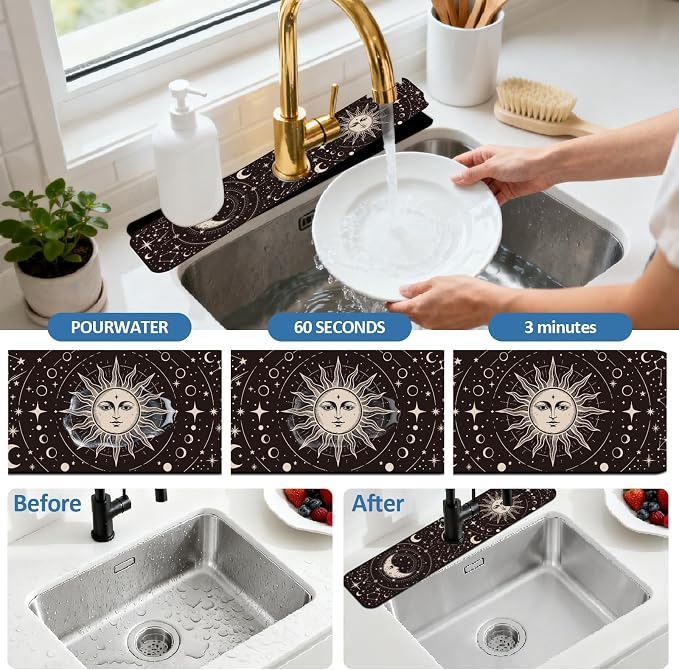 2 Pcs Kitchen Sink Splash Guard Faucet Mat Magical Sun and Moon Pattern Faucet - Image 5