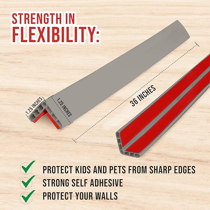 Rubber Bond Wall Corner Guard Edge Protector, 1x1x36 inch Baby Proofing Corner Guards | Self-Adhesive Furniture Edge Strips for Home & Office (5 Pack, Gray)