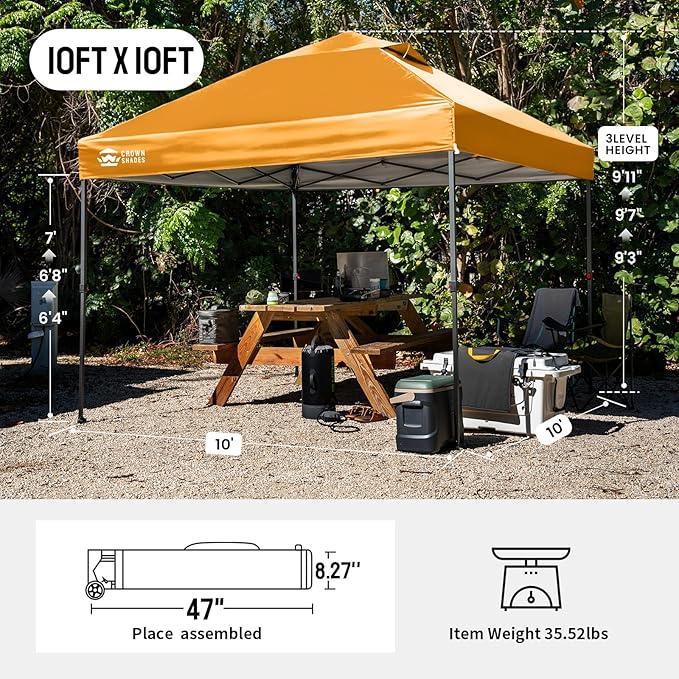 CROWN SHADES 10x10 Pop Up Canopy - Patented Center Lock One Push Instant Outdoor Canopy Beach Tent with STO-N-Go Bag 8 Stakes & 4 Sand Bags，Orange