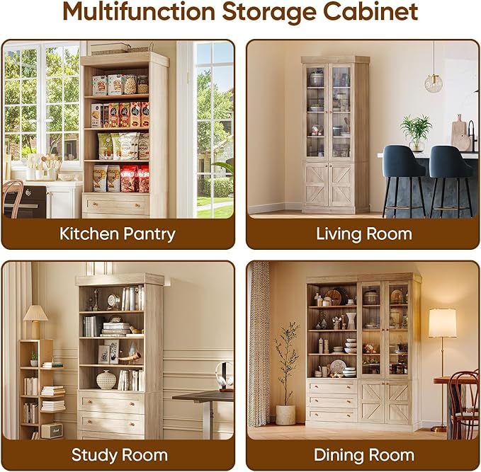 Vyre 71" Tall Farmhouse Kitchen Pantry, Large Storage Cabinets with Glass Doors, Freestanding Wood Hutch Cabinet with 3 Drawers & Adjustable Shelves for Living Room & Dining Room, Set of 4, Brown