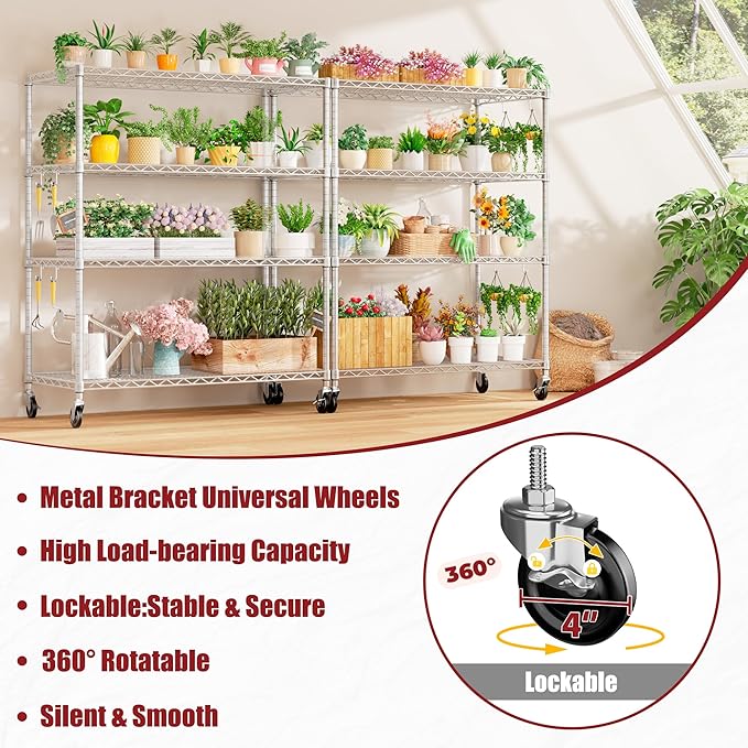 PrimeZone 4 Tier 55.5" Wx24 Dx76 H Wire Shelving with Wheels 2400lbs NSF Certified Storage Shelves Heavy Duty Metal Shelf Adjustable Rolling Rack Commercial Garage Restaurant Warehouse Kitchen 6Pack