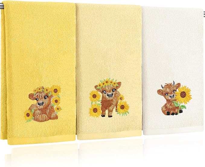 3 Pcs Sunflower Highland Cow Hand Towels Bathroom Kitchen Decor | Embroidered by FuWeave