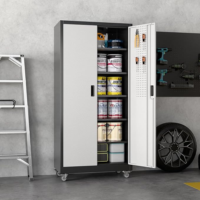 Aobabo Garage Storage Cabinet with Wheels, Metal Storage Cabinet with 5 Adjustable Shelves for Garage Home, Black&Silver,71" H*34''W*18''D,Required-Assembly,