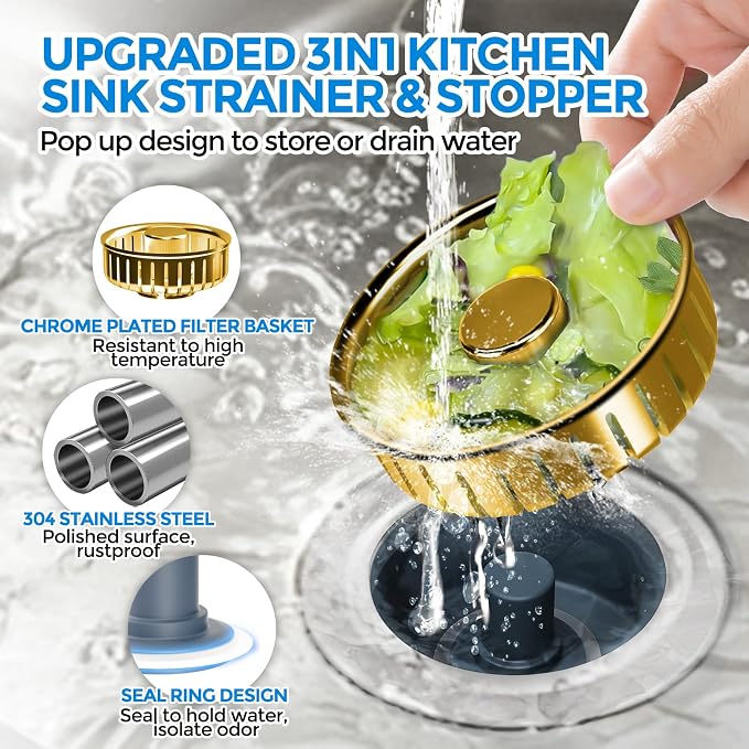 zaa 3 in 1 Kitchen Sink Drain Strainer Stopper Removable Basket Pop-Up - Image 2
