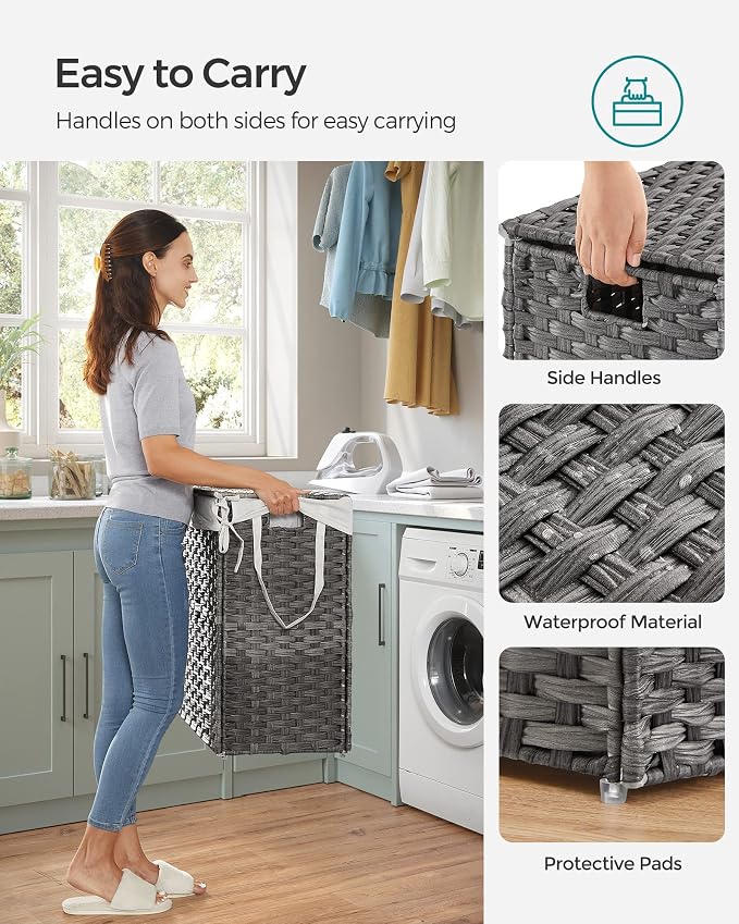 SONGMICS Laundry Hamper with Lid, 130L Double Wicker Basket, 6 Mesh Bags - Image 7
