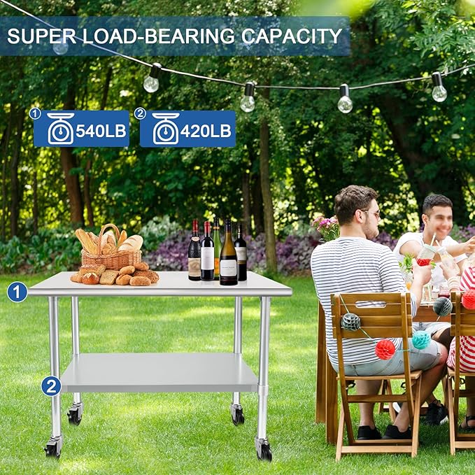 HARDURA Stainless Steel Table with Wheels 30 x 36 Inches Casters NSF Heavy Duty Commercial Prep Table with Undershelf and Galvanized Legs for Food Prep