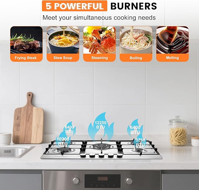 30 inch Gas Cooktop, Stove Top with Built-in 5 Burners, 304Stainless Steel Bulit-in Kitchen Stove, NG/LPG Convertible Gas Stovetop with Thermocouple Protection