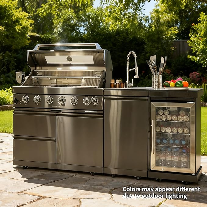 82 Inch Natural Gas Outdoor Kitchen Island with Grill - 6-Burner 85000 BTU, Height-Adjustable Infrared Rear Burner, Built-in Sink/Refrigerator/Wine Cooler, Granite Countertops & Rotisserie Kit