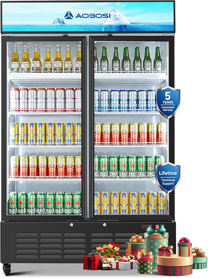 AAOBOSI 50" Wide Commercial Merchandiser Refrigerator,36.8 Cu.Ft Glass Door Display Refrigerator,Upright Beverage Fridge with Soft LED Light,Customizable Lightbox,Universal Casters, Adjustable Shelves
