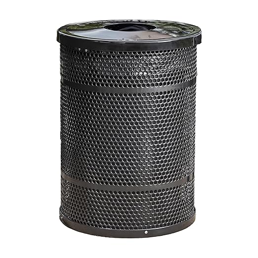 55 Gallon Perforated Trash Can with Flat Lid, Steel Outdoor Heavy-Duty Commercial Waste Bin, Round Recycle Container, Durable Garbage Can for Parks, Municipalities, Schools, Parking