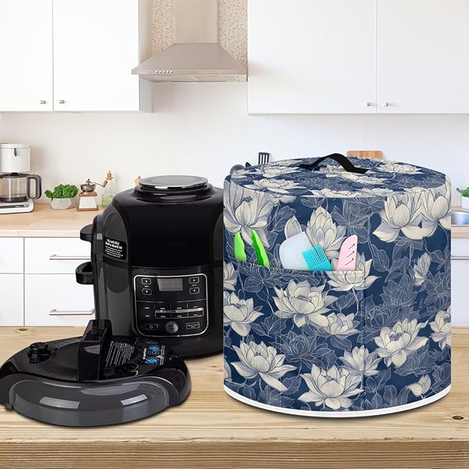 Insulated Pressure Cooker Appliance Cover, Also Fit for Rice Cooker, Air Fryer and Crock Pot, 6 Qt Dust Cover with Pocket for Spoon/Cooking Utensils/Recipes, Machine Washable, Blue Lotus