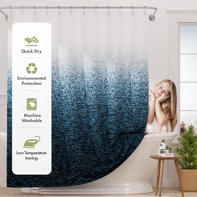 AmazerBath Shower Curtain Blue, Washable Cloth Ombre Shower Curtain Sets - Image 2