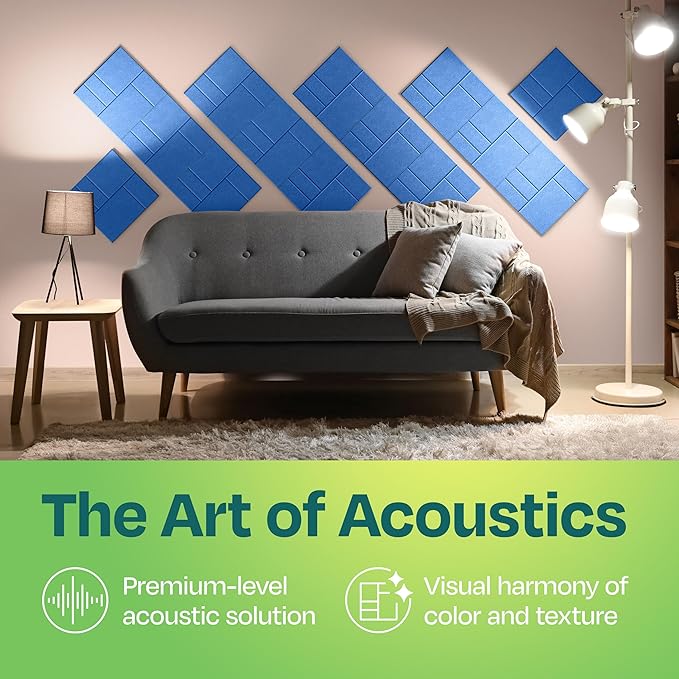 Acoustic Panels 12-Pack Soundproof Wall Panels 12"x12"x0.4" Decorative Sound Dampening for Your Home, Office, Studio, Bedroom & More with Unique GridFrame Carving [Grand Blue]