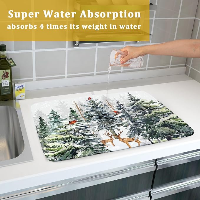 Pine Tree Dish Drying Mat for Kitchen Counter 18x24 Inch Forest Deer Absorbent - Image 7