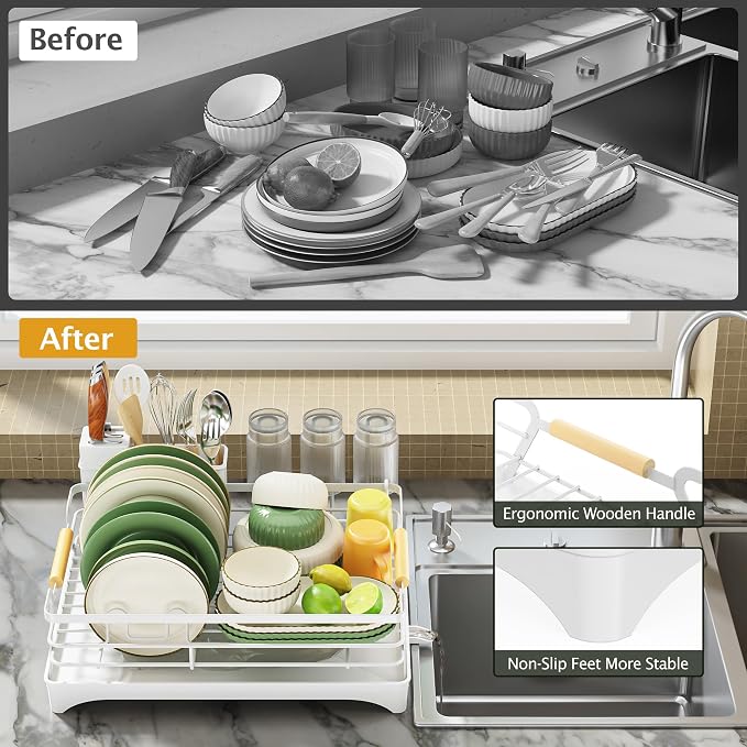 Epicano Dish Drying Rack for Kitchen Counter, Large Capacity, Wooden Handle - Image 7