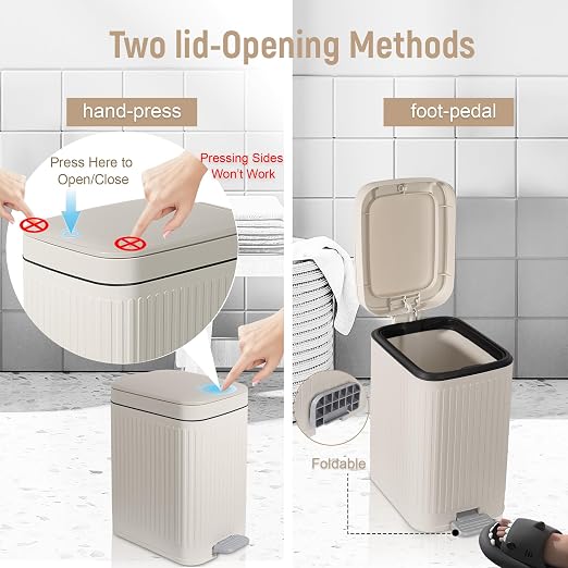 Small Bathroom Trash Can with Lid, 1.9 Gallon Slim Soft Close Step, Cream | - Image 3