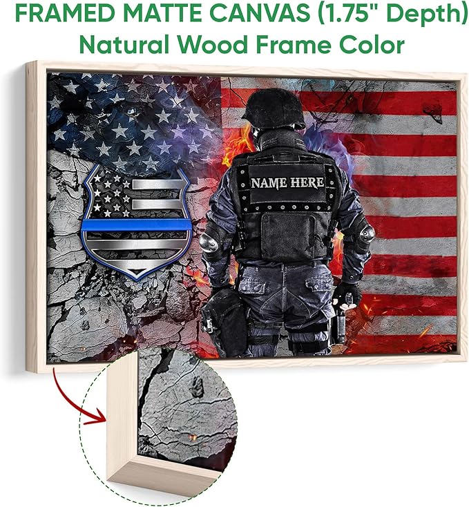 Personalized Police Poster & Framed Canvas, Thin Blue Line American Flag Patriotic Home Office Decor, Custom Name Bedroom Living Room Aesthetic Wall Art Gift For Policeman, Law Enforcement