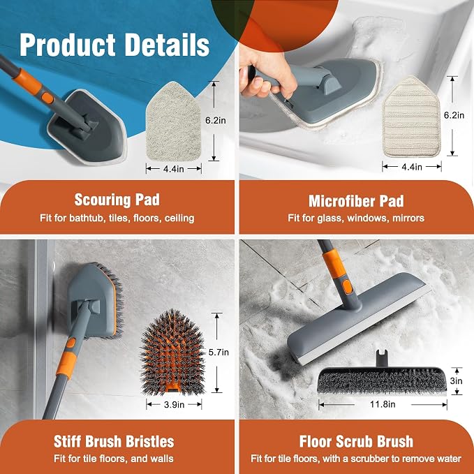 CLEANHOME Floor Scrub Brush Tile Tub Scrubber Brush | 4 Different Cleaning Heads - Image 2