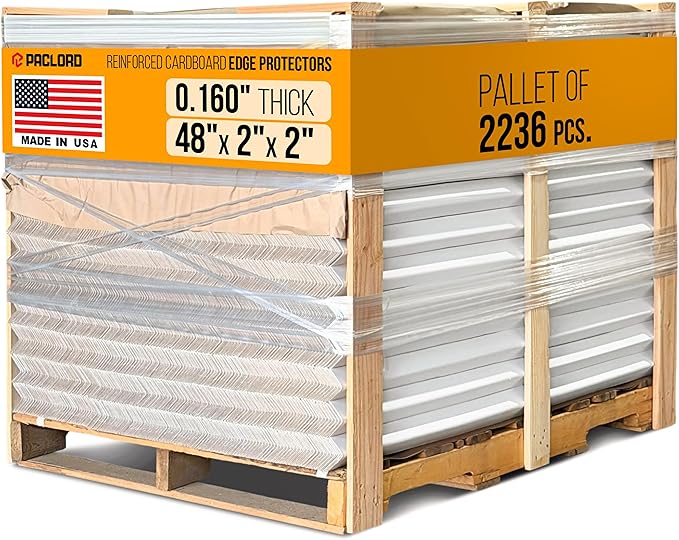 48" x 2" x 2" Reinforced Cardboard Edge Protectors, White (Pallet of 2236) – 0.16" Thick Heavy-Duty Cardboard Corner Protectors for Shipping – American Quality V-Board Pallet Edge Guard