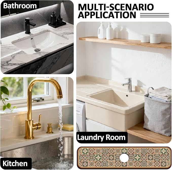 2 Pcs Kitchen Sink Splash Guard Faucet Mat Brown Vintage Pattern Faucet Mat - Image 7