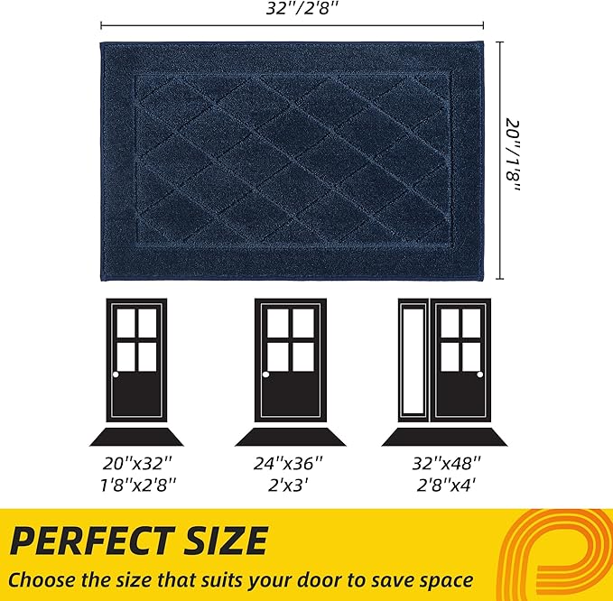JSEI Dirt Trapper Door Mat 20"x32", Non-Slip Washable Entryway Mats, Dog Door Mat, Stain Resistant and Absorbent Floor Mats, Low Profile Welcome Mat for Front Back Door, Navy Blue