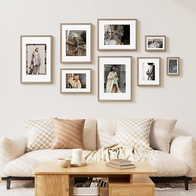 Vittanly 11x17 Picture Frame Set of 2, Solid Wood Frame for Wall Art Photo and Prints, Display Photo 8x12 with Mat or 11x17 without Mat, Light Brown