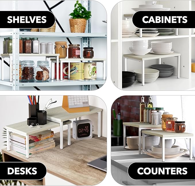 Simple Houseware Expandable Stackable Cabinet and Counter Shelf Organizer with Wooden Surface, 7.6'' D x 11.75'' W x 6.1'' H, Maple