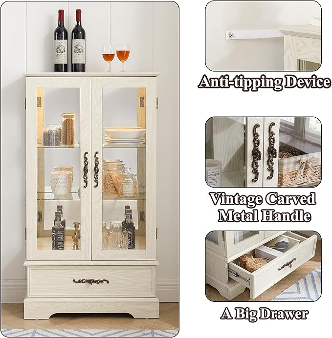 47" H Lighted Curio Cabinet Display Case, Glass Case with Adjustable Shelves,Tempered Glass Door and Drawer, Wooden Curio Cabinet with Mirrored Back Pane for Living Room (Antique White)