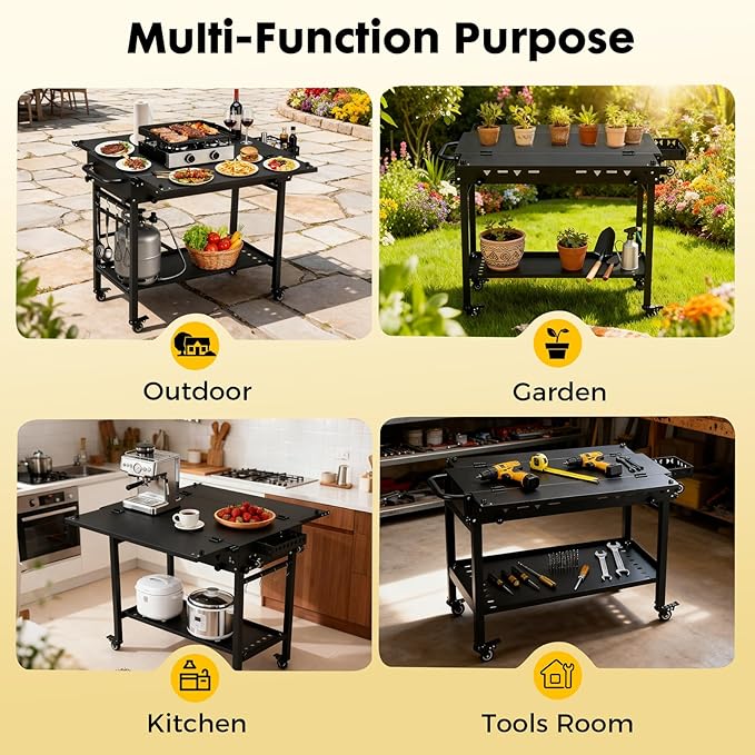 Portable Outdoor Grill Table with Wheels, Heavy-Duty Steel Prep Table, Folding Griddle Stand with Shelves, Bottle Opener, No Assembly Required, for BBQ, Pizza Oven, Patio
