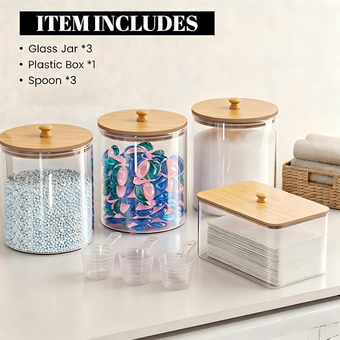 3+1 Pack Glass Laundry Pods Container & Acrylic Dryer Sheet Holder, Powder - Image 5