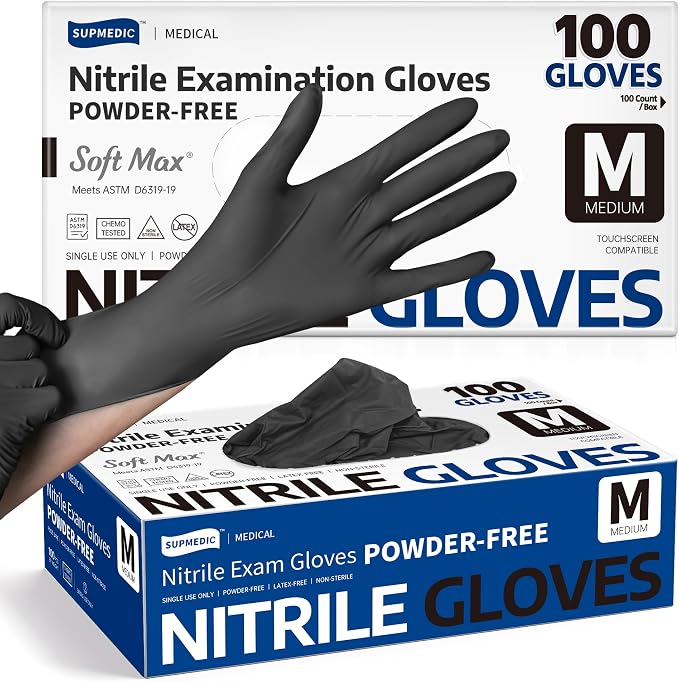 Supmedic Soft Max Disposable Nitrile Exam Gloves, Powder-Free Black 100 Ct by Supmedic