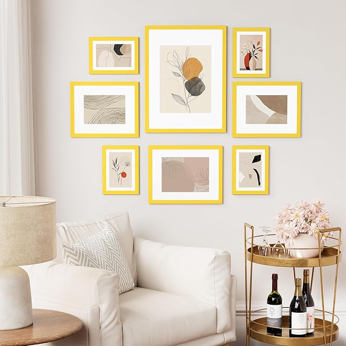 Vittanly 11x14 Picture Frame Set of 2, Solid Wood Frame for Wall Art Photo and Prints, Display Photo 8x10 with Mat or 11x14 without Mat, Yellow