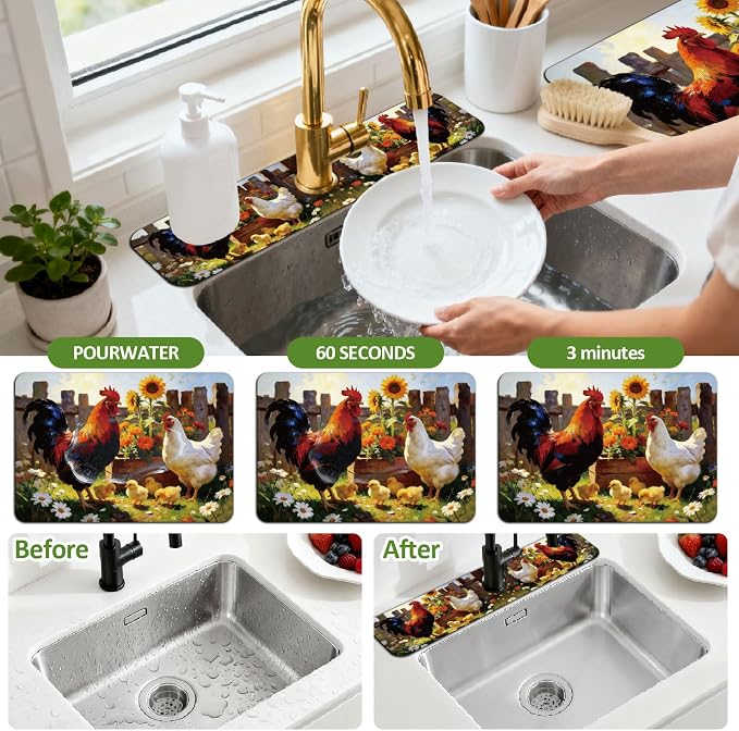 3 Pcs 2 Size Kitchen Sink Splash Guard Faucet Mat Farm Chicken Pattern Faucet - Image 4