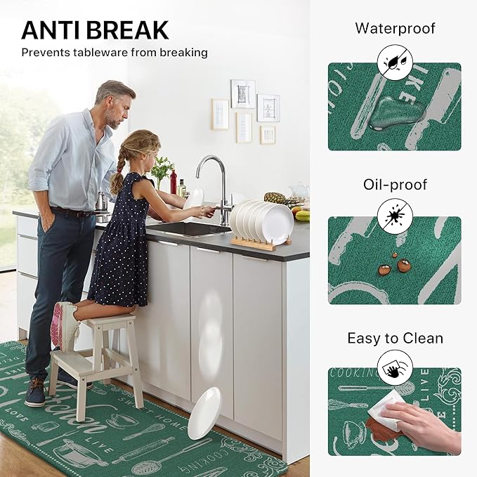 GENIMO Anti Fatigue Kitchen Mats for Floor, Non Slip Washable Kitchen Theme Rugs sets of 2, Farmhouse Cushioned Waterproof Comfort Runner Rug for Kitchen, Sink, Desk, Laundry, 17"x 59"+17"x 30", Green