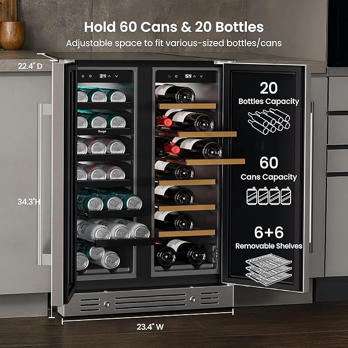 Yeego 24 Inch Wine & Beverage Cooler, Dual Zone 34–65°F, Holds 20 Wine Bottles & 60 Cans, Stainless Steel Door with Lock, Built-In or Under Counter Refrigerator for Indoor & Covered Outdoor Use