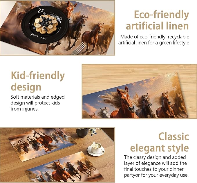 12x18 Inch Running Herd Horse Placemats Set of 6 - Waterproof, Non-Slip & Washable Summer Fall Placemats for Kitchen & Dining Table Placemats