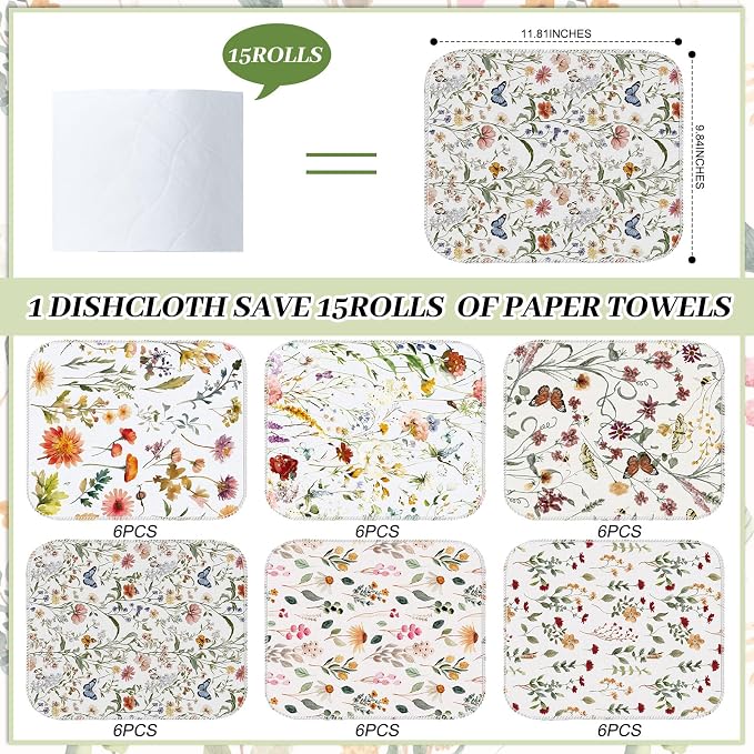 Reusable Kitchen Cloths Cotton Towel, 36 Pack, Vintage Wildflower - Image 2