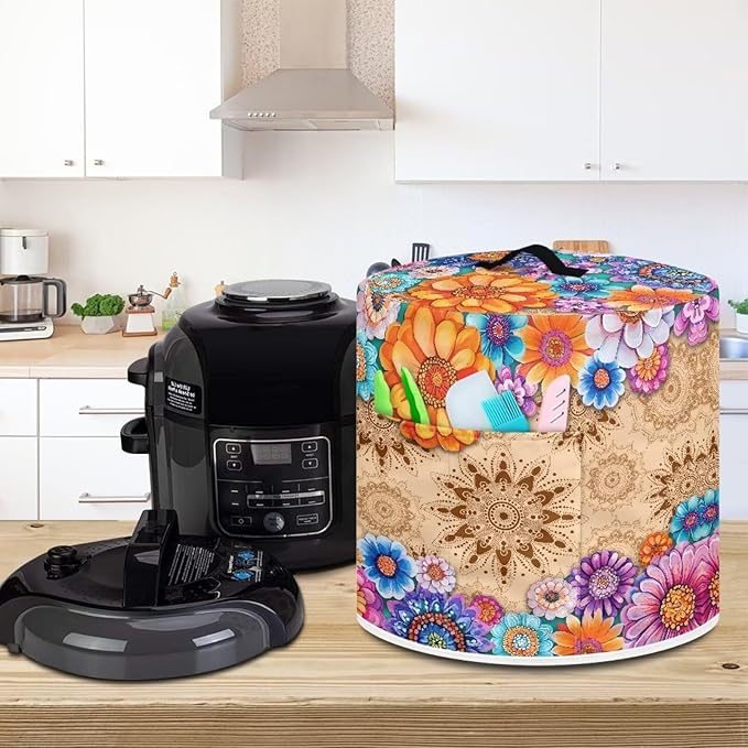 TODIYADDU Vintage Hippie Flower Electric Pressure Cooker Cover Round Protective Cover Bag with Pocket and Handle for Instant Pot or Rice Cooker Kitchen Small Appliance Dust Covers Holiday Presents, M