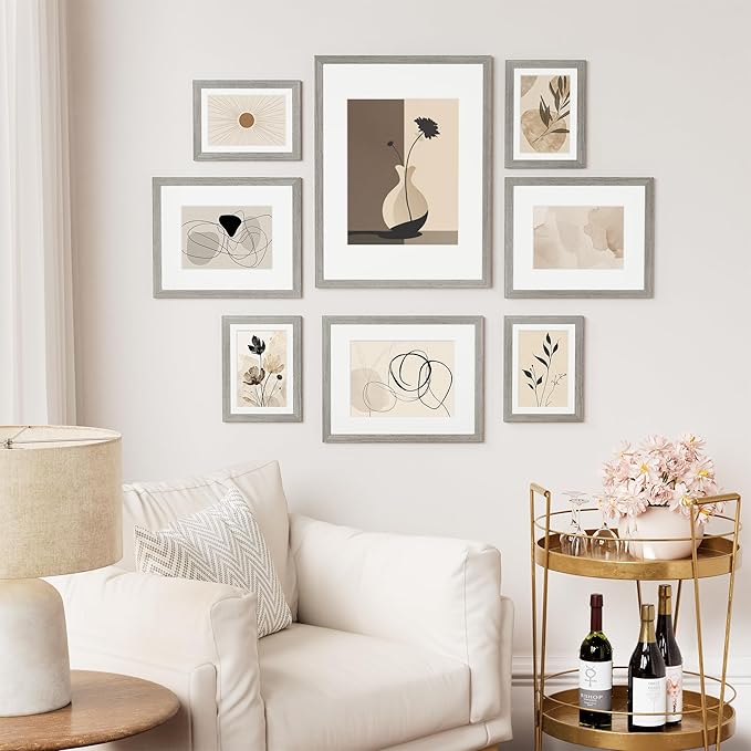 Vittanly 8x10 Picture Frame Set of 2, Solid Wood Frame for Wall or Tabletop, Display Photo 5x7 with Mat or 8x10 without Mat, Grey