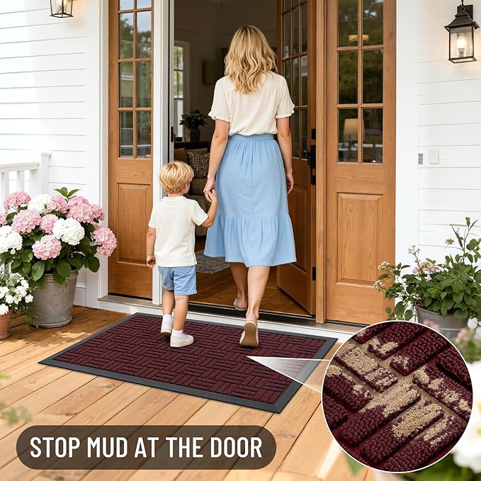 OLANLY Front Door Mat Outside Entrance 71x23, Absorbent, Heavy Duty Sturdy Natural Rubber Doormat Indoor Outdoor, Non-Slip, Stain and Fade Resistant, Low Profile Floor Mat for Entryway, Burgundy