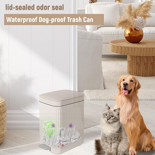 Small Bathroom Trash Can with Lid, 1.9 Gallon Slim Soft Close Step, Cream | - Image 6