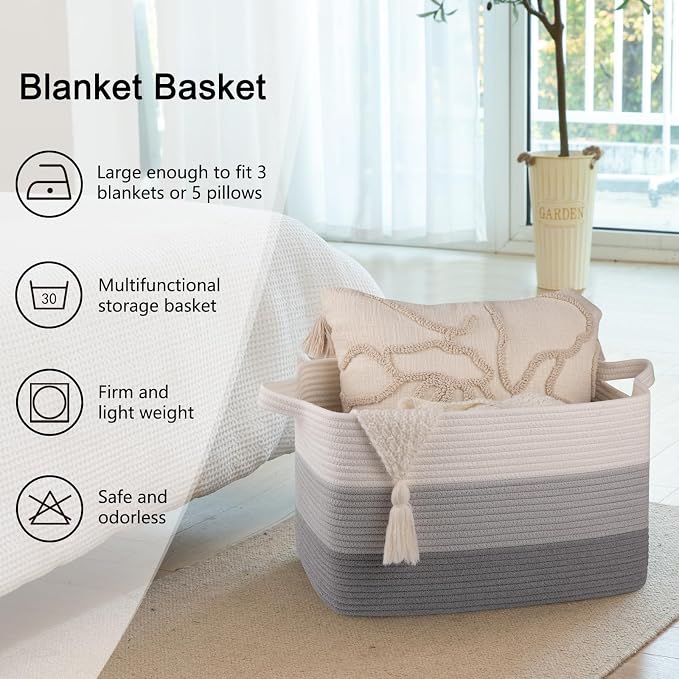 OIAHOMY Woven Blanket Basket Laundry Basket Dog Toy Basket Gradient Grey - Image 6