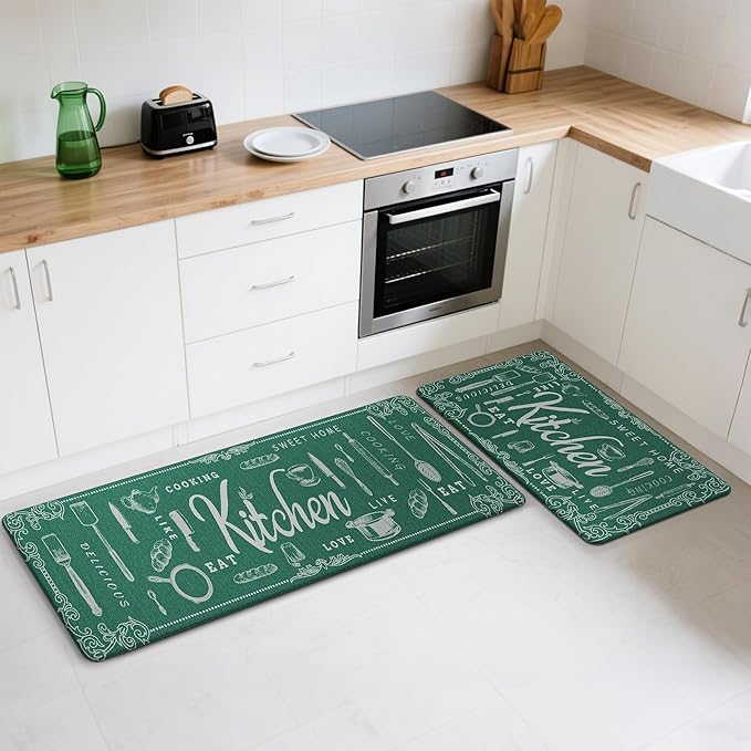 GENIMO Anti Fatigue Kitchen Mats for Floor, Non Slip Washable Kitchen Theme Rugs sets of 2, Farmhouse Cushioned Waterproof Comfort Runner Rug for Kitchen, Sink, Desk, Laundry, 17"x 59"+17"x 30", Green