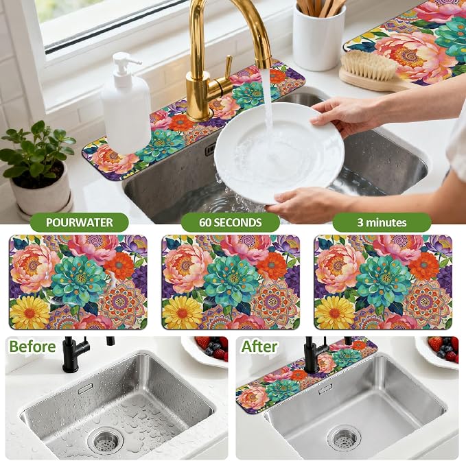 3 Pcs 2 Size Kitchen Sink Splash Guard Faucet Mat Datura Flowers Pattern Faucet - Image 4