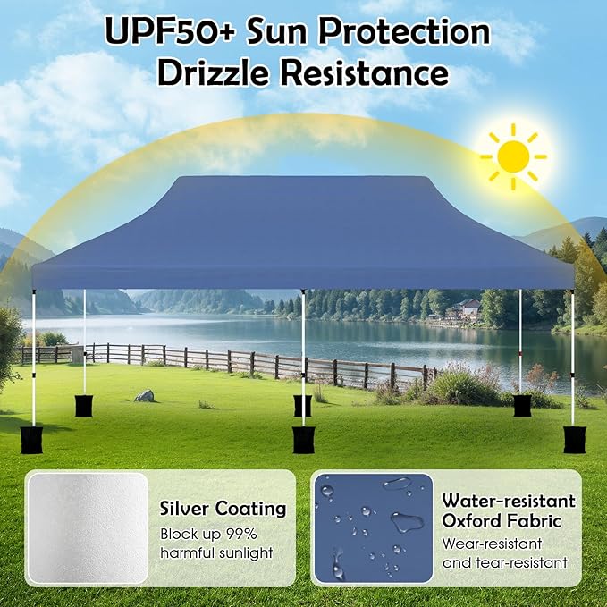Tangkula 10x20 Ft Pop Up Canopy, Instant Setup Tent with 6 Sandbags, 12 Stakes & 6 Ropes, UPF 50+ Portable Outdoor Canopy Tent with Carrying Bag for Camp, Beach, Patio (Blue)